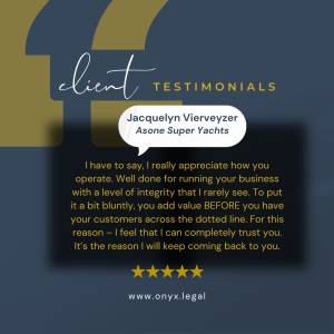This image contains a client testimonial praising Onyx Legal for their integrity and commitment to putting clients first. The testimonial emphasizes appreciation for the genuine value provided from the very beginning of the client relationship. There is also a call to action encouraging viewers to get in touch with Onyx Legal for client-focused legal services.