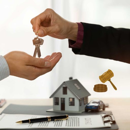 Lawyer handing over keys with a model house and contract.