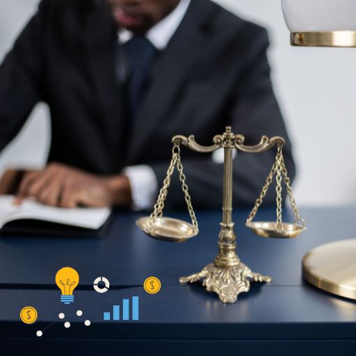 Lawyer sitting at a desk with scales on them with a corner graphic with idea and scaling graph.